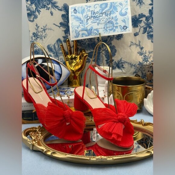 🆕 LOEFFLER RANDALL 🧿 NWOT Dahlia Candy Apple Red Pleated Organza Bow Heel Sz 7 - Picture 2 of 16